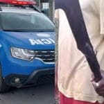 Imgem viatura da PM e homem com Foice