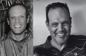 A imagem está dividida em duas. Os dois lados mostram André Santillo, um homem branco sorrindo. Na foto à esquerda, ele está mais novo, e não tem barba. À direita, ele tem mais de 50 anos e tem uma barba curta. A imagem está em preto e branco.