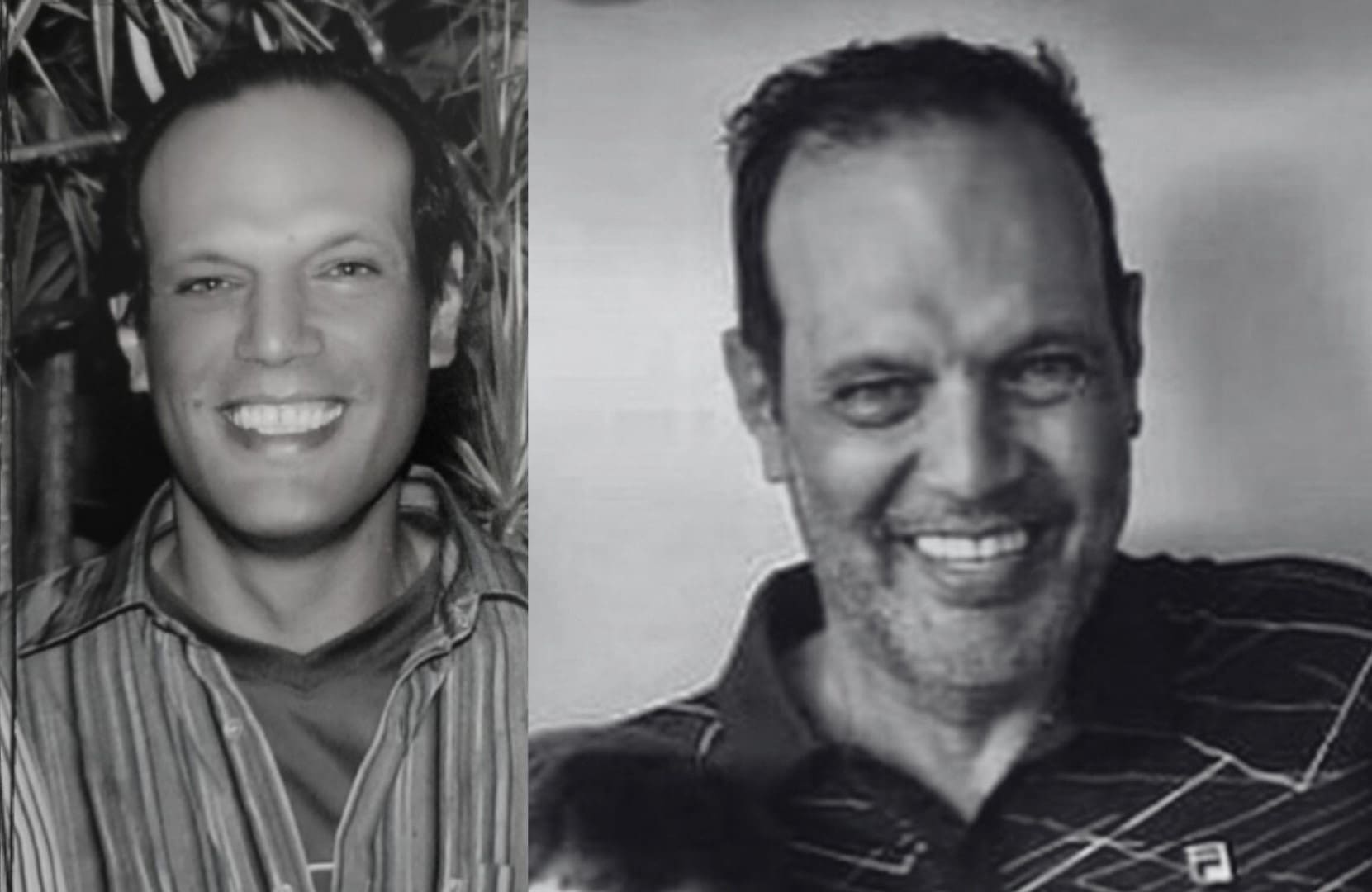 A imagem está dividida em duas. Os dois lados mostram André Santillo, um homem branco sorrindo. Na foto à esquerda, ele está mais novo, e não tem barba. À direita, ele tem mais de 50 anos e tem uma barba curta. A imagem está em preto e branco.