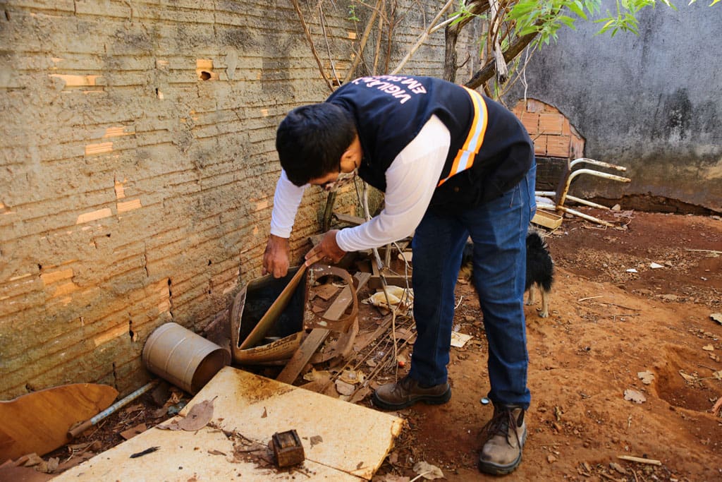 A imagem mostra um homem com um colete azul da Vigilância em Saúde. Ele está inclinado, mexendo em entulhos no chão, e procura por focos do mosquito da dengue.