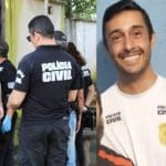 A imagem é uma montagem com duas fotos. À esquerda, a imagem mostra dois homens com coletes da Polícia Civil. À direita, uma foto do delegado Manoel Vanderic sorrindo. Ele tem cabelo preto e barba curta, e veste uma camiseta branca da Polícia Civil.