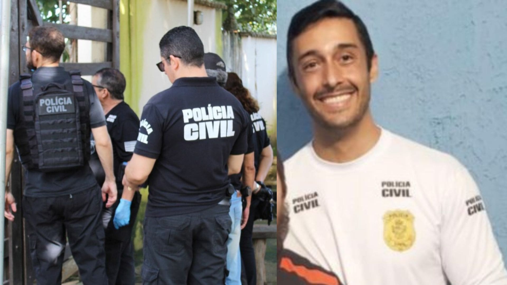 A imagem é uma montagem com duas fotos. À esquerda, a imagem mostra dois homens com coletes da Polícia Civil. À direita, uma foto do delegado Manoel Vanderic sorrindo. Ele tem cabelo preto e barba curta, e veste uma camiseta branca da Polícia Civil.