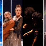 A imagem está verticalmente dividida em quatro. Na primeira, um homem segura um violão e canta em um microfone. Na segunda, uma mulher de vestido segura um homem de paletó marrom que está caído para trás. Na terceira, a imagem está escura, mas duas pessoas apontam para a esquerda enquanto dançam. Na quarta, uma mulher de vestido colorido canta em um microfone.