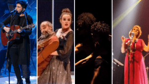 A imagem está verticalmente dividida em quatro. Na primeira, um homem segura um violão e canta em um microfone. Na segunda, uma mulher de vestido segura um homem de paletó marrom que está caído para trás. Na terceira, a imagem está escura, mas duas pessoas apontam para a esquerda enquanto dançam. Na quarta, uma mulher de vestido colorido canta em um microfone.