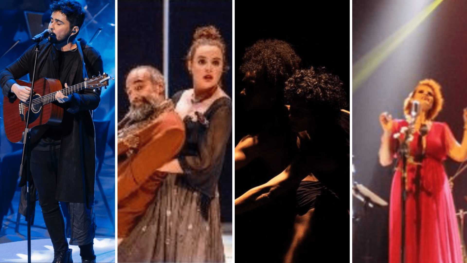 A imagem está verticalmente dividida em quatro. Na primeira, um homem segura um violão e canta em um microfone. Na segunda, uma mulher de vestido segura um homem de paletó marrom que está caído para trás. Na terceira, a imagem está escura, mas duas pessoas apontam para a esquerda enquanto dançam. Na quarta, uma mulher de vestido colorido canta em um microfone.