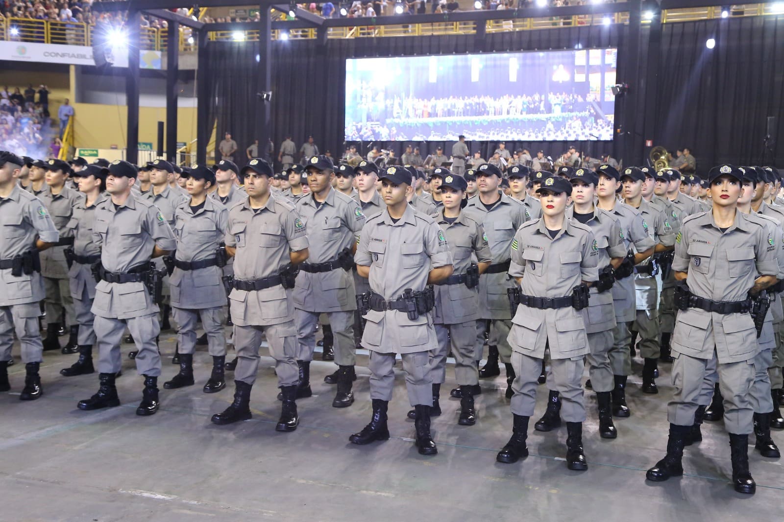 Vários policiais estão enfileirados, em formação.