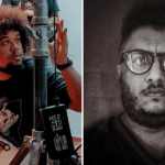 Montagem. Na primeira foto, Erik Ely dirige um filme, cercado por equipamentos. Na segunda, Rei Souza encara a câmera.