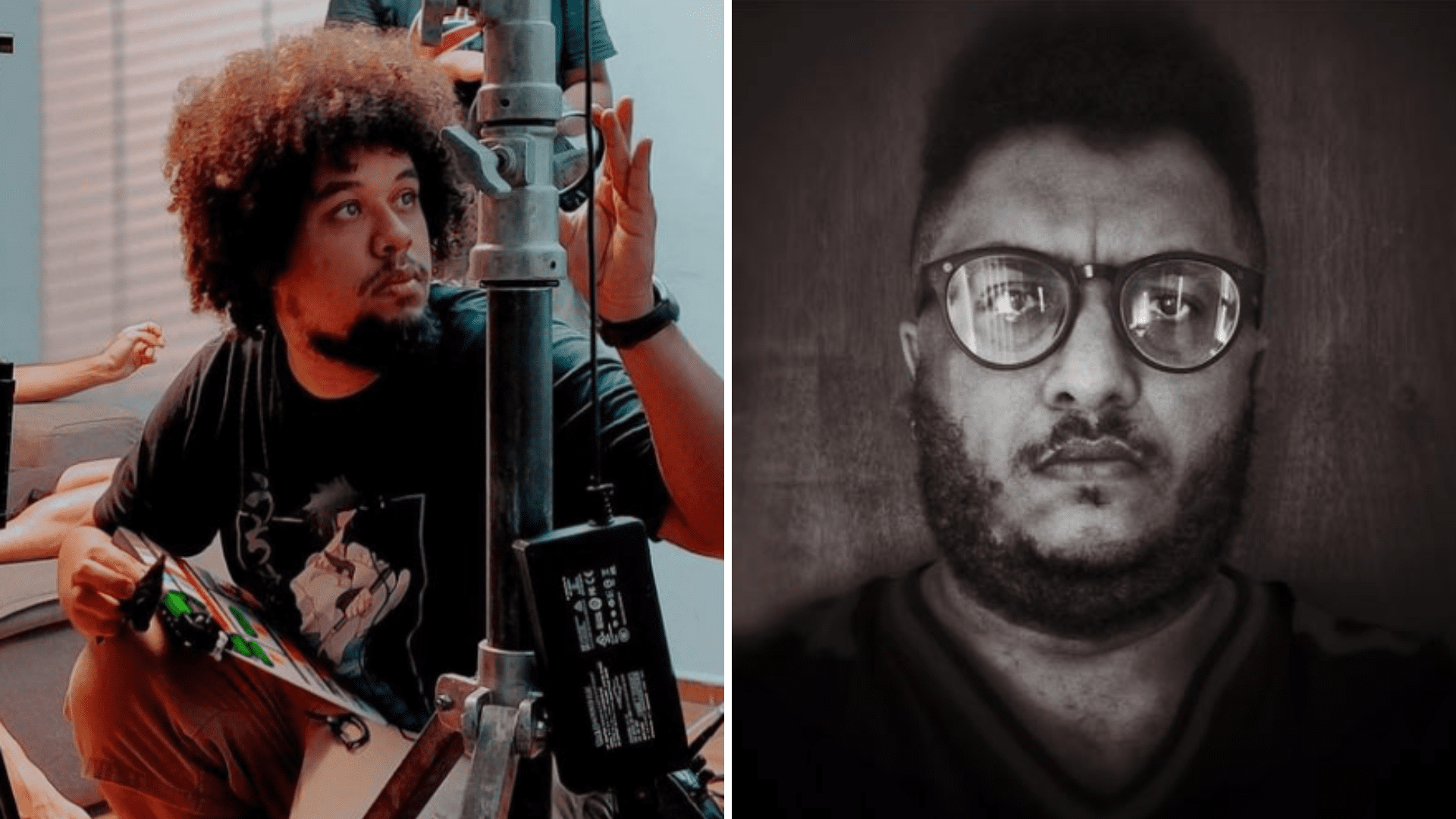 Montagem. Na primeira foto, Erik Ely dirige um filme, cercado por equipamentos. Na segunda, Rei Souza encara a câmera.