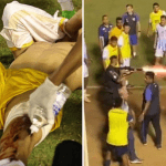 É uma montagem. Na foto da esquerda, um homem está deitado na grama, tampando o rosto com dor. Uma perda está dobrada, e a outra, estirada, está sangrando e recebendo primeiros socorros após ter sido baleada. Na imagem da direita, o momento em que o tiro é disparado: há vários jogadores em volta, o policial puxa o gatilho da arma, é possível ver o momento em que a bala é lançada.