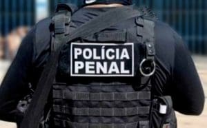 Uma pessoa é vista pelas costas. Ela veste um uniforme totalmente preto e colete. No colete, há as palavras "Polícia penal" em branco.