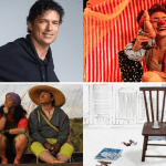 A imagem está dividida em quatro retângulos de tamanhos iguais, sem sobreposição. A primeira imagem tem um homem branco de cabelos pretos, com os braços abertos. A segunda mostra uma mulher com caracterização de palhaço, segurando algo próximo à cabeça, em um fundo vermelho. A terceira mostra três pessoas, sentadas no chão uma ao lado da outra, olhando para cima. A quarta é um desenho de uma cadeira de madeira, com jornais espalhados pelo chão.