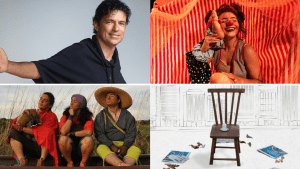 A imagem está dividida em quatro retângulos de tamanhos iguais, sem sobreposição. A primeira imagem tem um homem branco de cabelos pretos, com os braços abertos. A segunda mostra uma mulher com caracterização de palhaço, segurando algo próximo à cabeça, em um fundo vermelho. A terceira mostra três pessoas, sentadas no chão uma ao lado da outra, olhando para cima. A quarta é um desenho de uma cadeira de madeira, com jornais espalhados pelo chão.