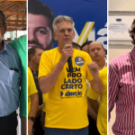 Montagem com três fotos. A primeira mostra Geraldo Espíndola, de camisa azul. A segunda, Walter Vosgrau durante convenção que lançou sua candidatura. A terceira mostra Samuel Gemus quando foi anunciado como candidato a vice.