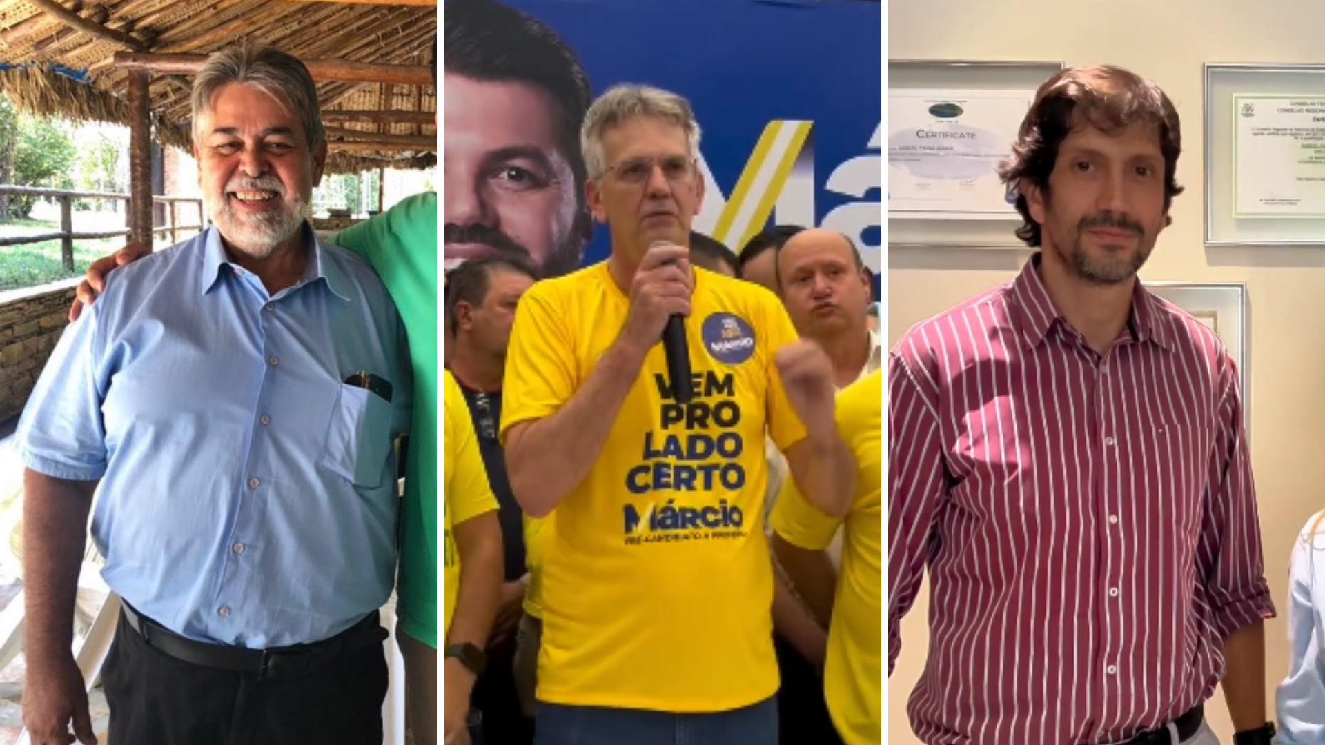 Montagem com três fotos. A primeira mostra Geraldo Espíndola, de camisa azul. A segunda, Walter Vosgrau durante convenção que lançou sua candidatura. A terceira mostra Samuel Gemus quando foi anunciado como candidato a vice.