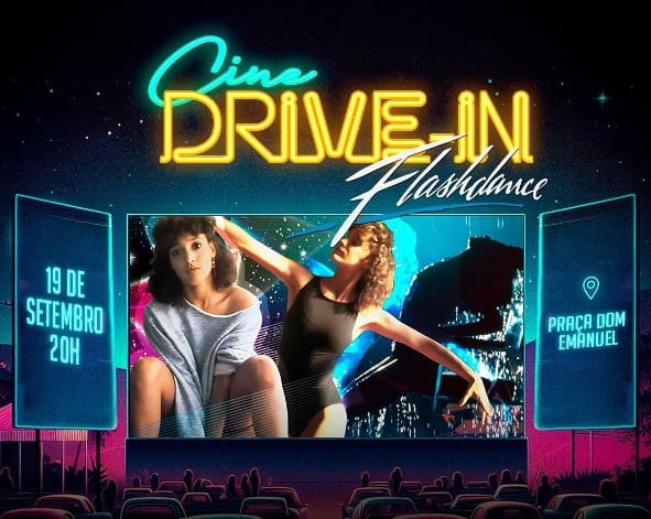 Arte gráfica de uma exibição de cinema no formato drive-in. Na tela, o filme Flashdance.