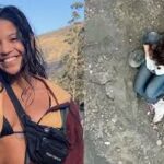 Imagem Juliana Marins sorrindo e outra foto dela dentro do buraco em queda no vulcão