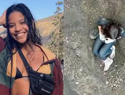 Imagem Juliana Marins sorrindo e outra foto dela dentro do buraco em queda no vulcão