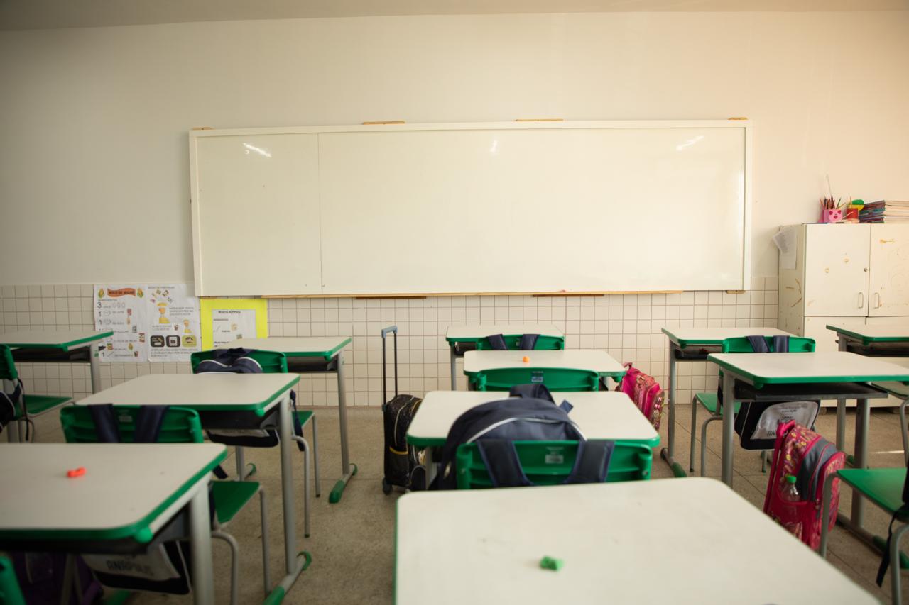 Imagem Sala de aula vazia, carteiras estão com mochilas em cima