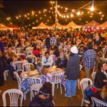 Imagem pessoas sentadas e outras em pé em festa junina