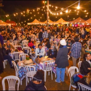 Imagem pessoas sentadas e outras em pé em festa junina