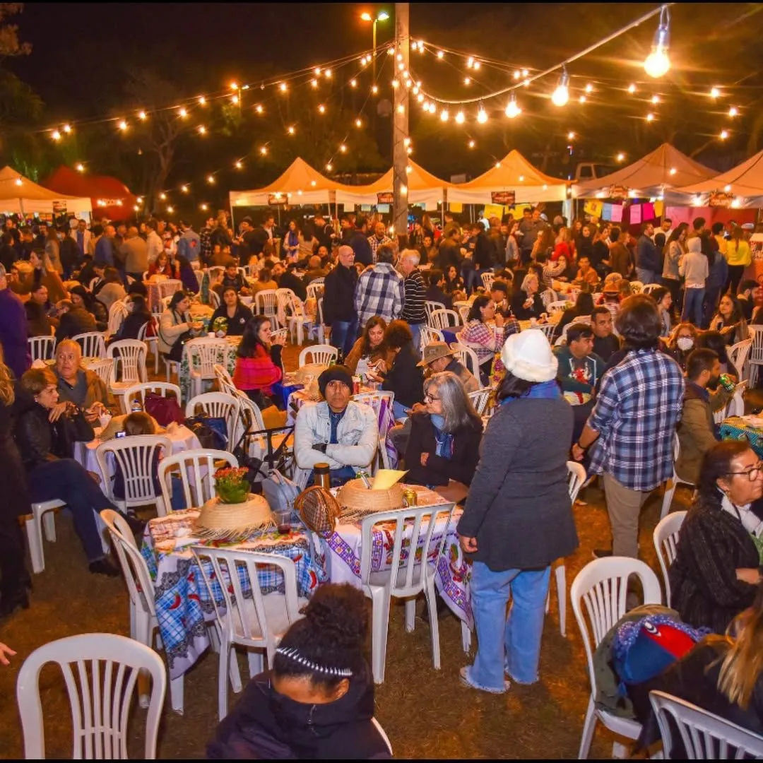 Imagem pessoas sentadas e outras em pé em festa junina