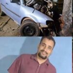 A imagem mostra um carro que bateu em uma árvore e o homem vítima de acidente
