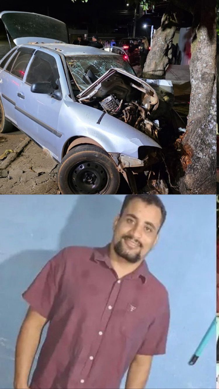 A imagem mostra um carro que bateu em uma árvore e o homem vítima de acidente