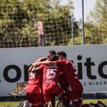 Imagem Jogadores abraçados e ajoelhados em campo comemorando o gol da Vitoria