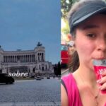 Imagem local turístico e mulher com um plástico com bebida na boca
