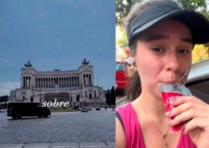 Imagem local turístico e mulher com um plástico com bebida na boca