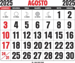Imagem calendário do mês de agosto de 2025