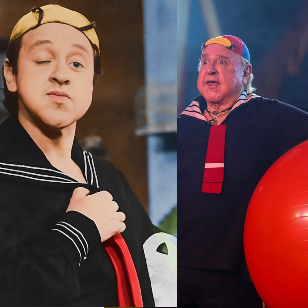 Imagem Carlos Villagran, vestido com roupas do personagem Kiko, nas fotos o ator parece jovem nos anos 70 e já velho em 2025