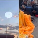 Imagem paraquedista caindo de avião, ao lado atendimento de pessoas com paraquedista caiada no chão