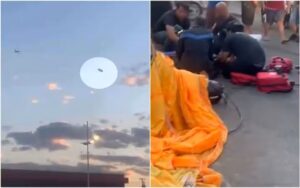 Imagem paraquedista caindo de avião, ao lado atendimento de pessoas com paraquedista caiada no chão