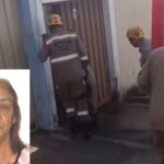 Imagem Bombeiros em frente um portão, na montagem da imagem aparece a foto da idoso no canto