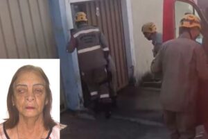 Imagem Bombeiros em frente um portão, na montagem da imagem aparece a foto da idoso no canto