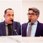Imagem Luzimar Silva e Elias do Nana, ambos estão de terno e falam no microfone da Câmara Municipal