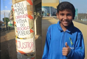 Imagem montagem de um lado poste escrito: Aqui Morreu uma criança vitima do descaso publico. e do ouro a foto de menino que morreu em choque de poste
