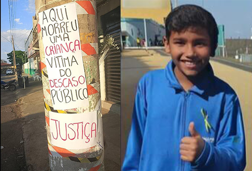 Imagem montagem de um lado poste escrito: Aqui Morreu uma criança vitima do descaso publico. e do ouro a foto de menino que morreu em choque de poste