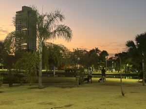 Imagem Parque Ipiranga Anápolis, está começando a ficar escuro, duas pessoas aparecem ao fundo passeando com cachorros