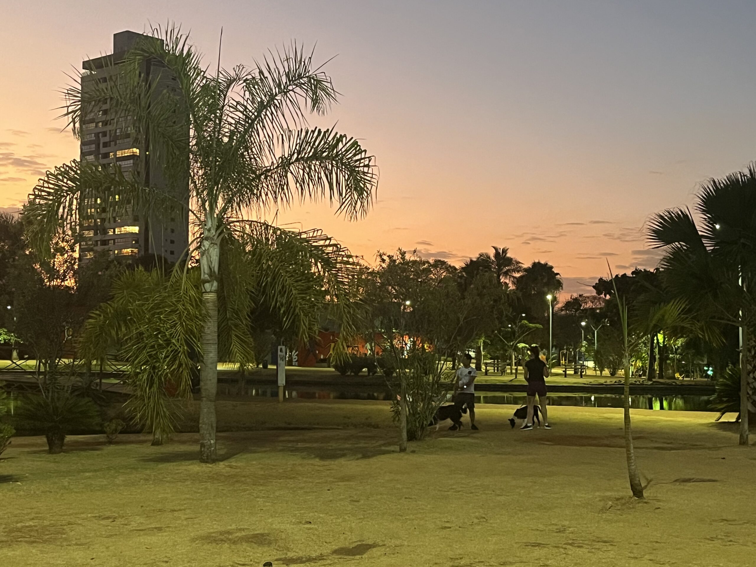 Imagem Parque Ipiranga Anápolis, está começando a ficar escuro, duas pessoas aparecem ao fundo passeando com cachorros