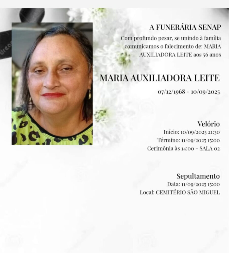 Imagem arte nota de falecimento Maria Auxiliadora Leite