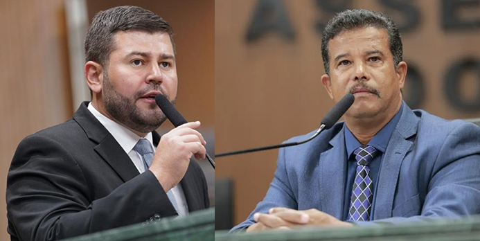 Imagem dois homens de terno falando no microfone