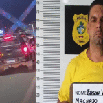 Imagem homem preso na delegacia e viatura CPE