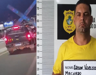 Imagem homem preso na delegacia e viatura CPE