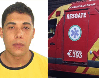 Imagem homem camisa amarela ao lado viatura do Bombeiro