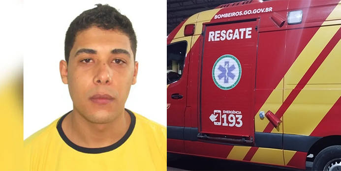 Imagem homem camisa amarela ao lado viatura do Bombeiro