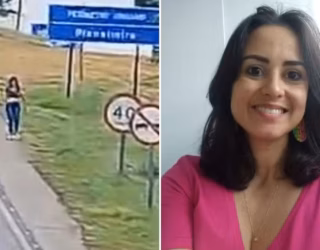 Imagem mulher caminhando na rodovia, ao lado mulher de camisa cor de rosa