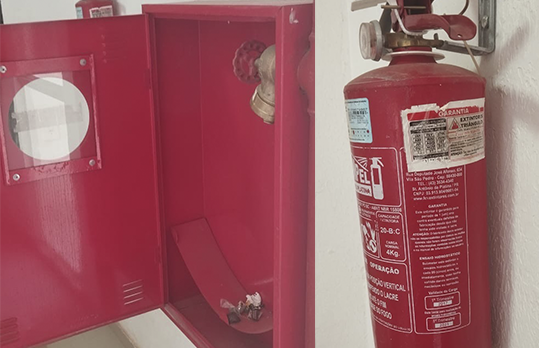 Imagem local de mangueira de incêndio vazio e extintor de incêndio