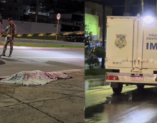 Imagem corpo caído no chão coberto, ao lado carro do Instituto médico legal
